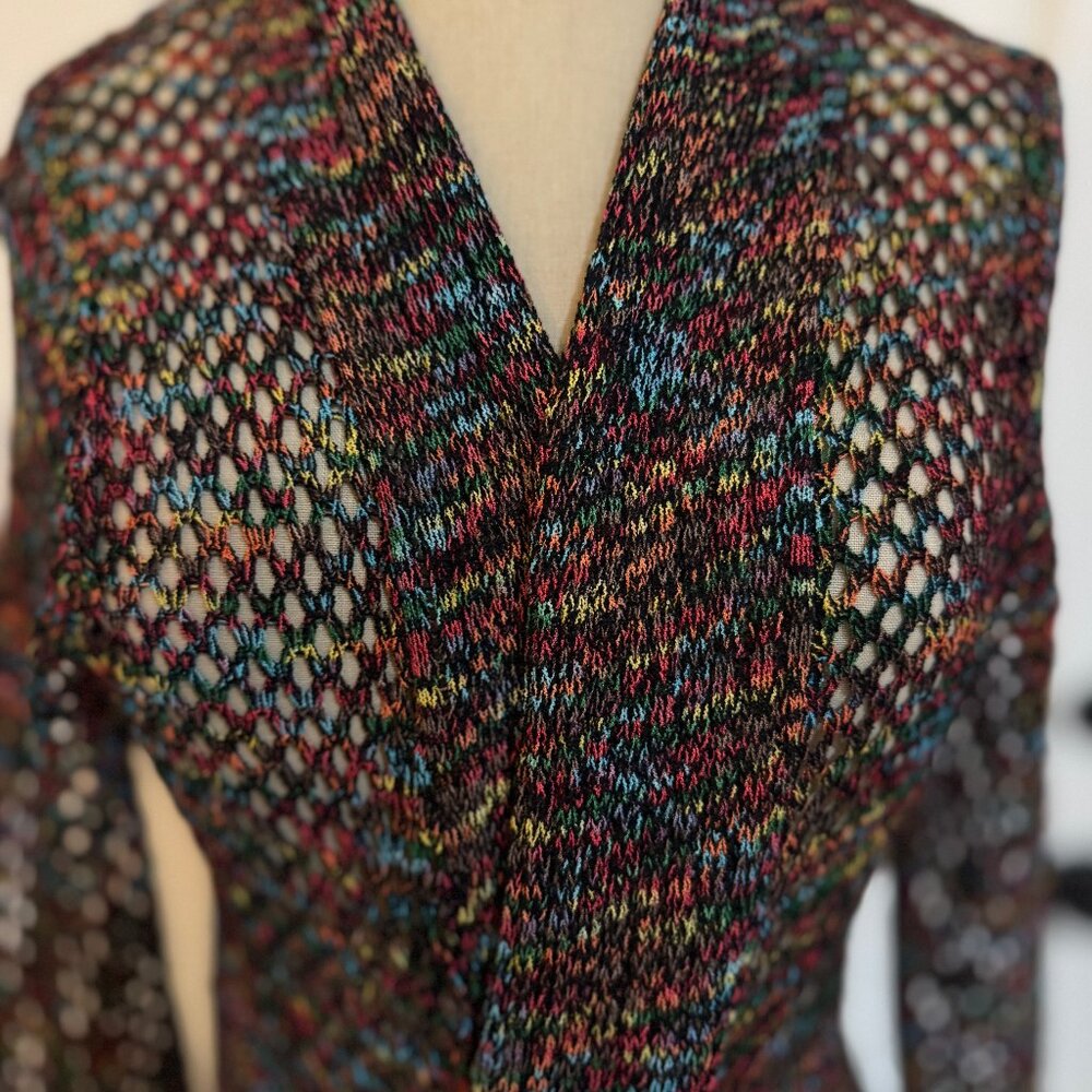 Womens Open Weave Tunic Sweater Jacket M/L Crochet Front Tie Multicolor